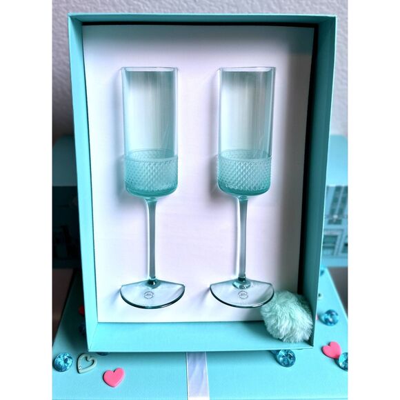 RARE New Tiffany & Co. BLUE Diamond Point Glass Flutes Set RETIRED - Picture 1 of 6